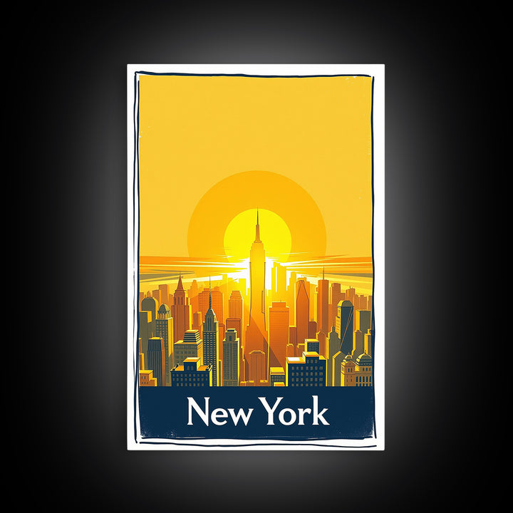New York Travel Poster, Framed Canvas Print, Golden Travel Poster Art, New York Art Print, City Travel Prints, Watercolor Skyline