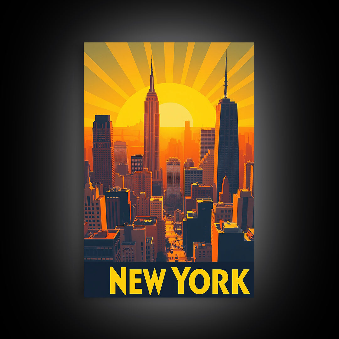 New York Travel Poster, Canvas Print, Golden Travel Poster Art, New York Art Print, Retro Travel Print, Wanderlust Decor, Travel Poster Set