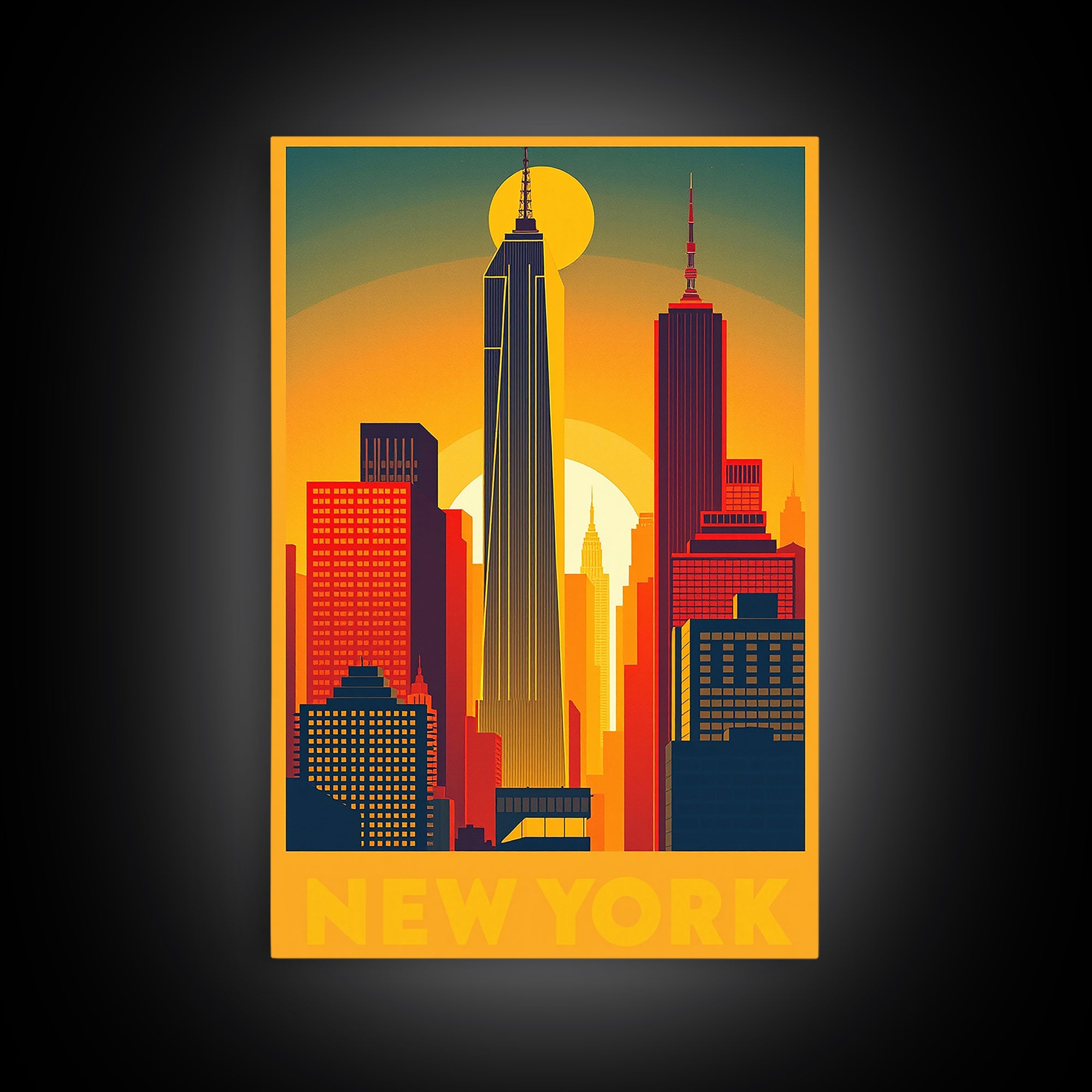 New York Travel Poster, Framed Canvas Print, Golden Travel Poster Art, New York Art Print, Vintage City Art, City Illustration