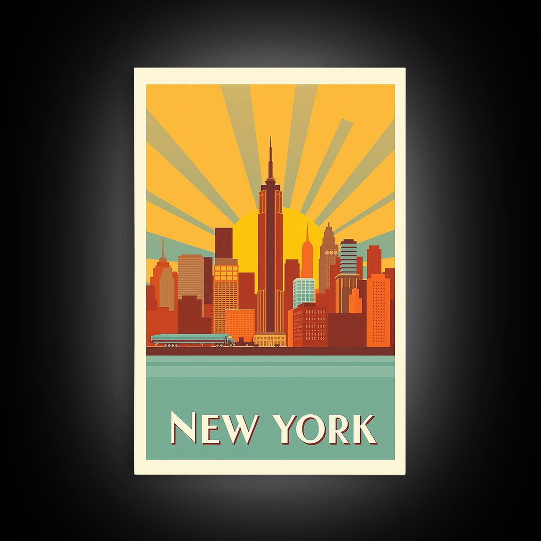 New York Travel Poster, Framed Canvas Print, Vintage Deco Wall Art, New York Poster Print, City Travel Prints, Travel Art Print