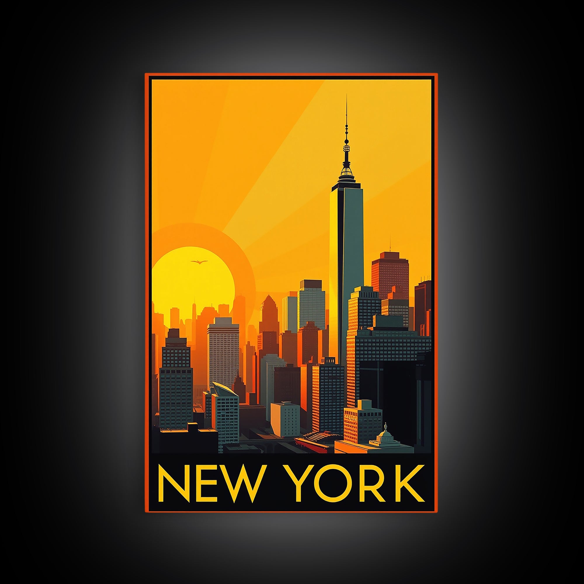 New York Travel Poster, Canvas Print, Warm Sunset Silhouette Art, New York Poster Print, Fine Art Print, Travel Wall Art, Travel Wall Decor