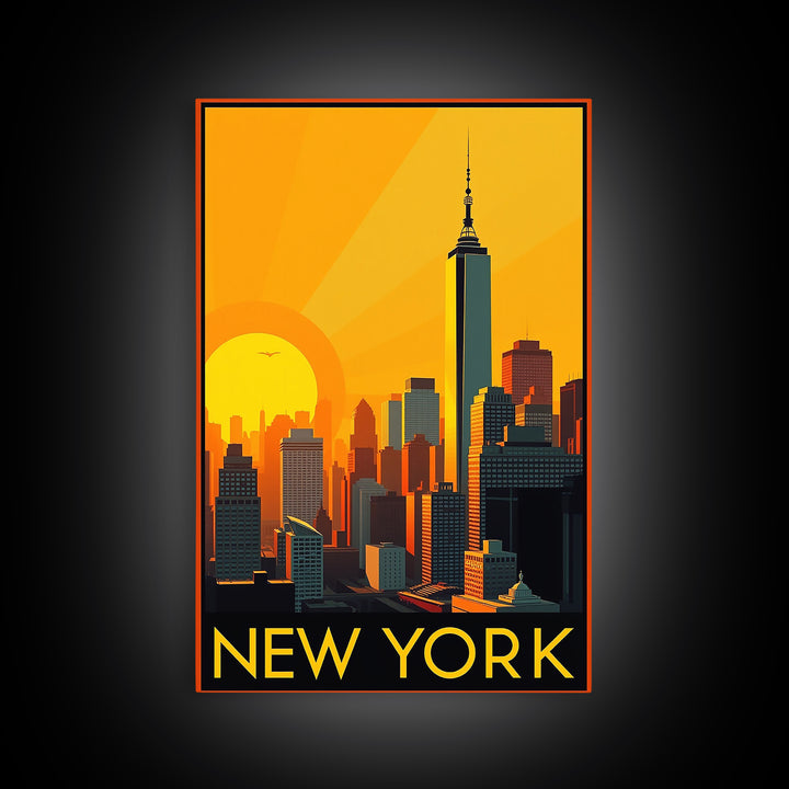 New York Travel Poster, Canvas Print, Warm Sunset Silhouette Art, New York Poster Print, Fine Art Print, Travel Wall Art, Travel Wall Decor