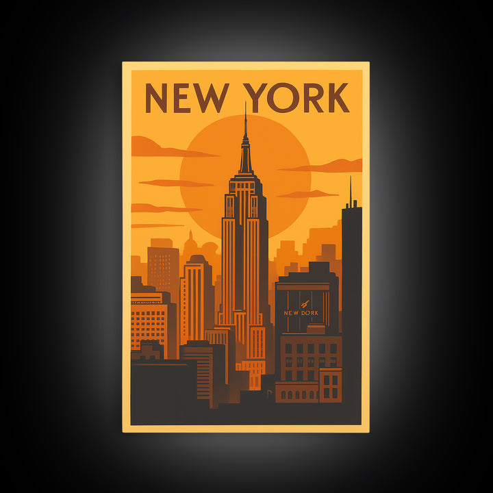 New York Travel Poster, Canvas Print, Warm Sunset Silhouette Art, New York Travel Art, Mid Century Wall Art, Modern Wall Decor