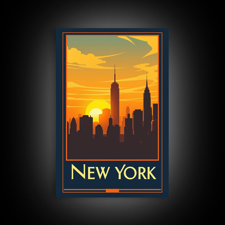 New York Travel Poster, Canvas Print, Warm Sunset Silhouette Art, New York Travel Art, Vintage Travel Art, Mid Century Wall Art
