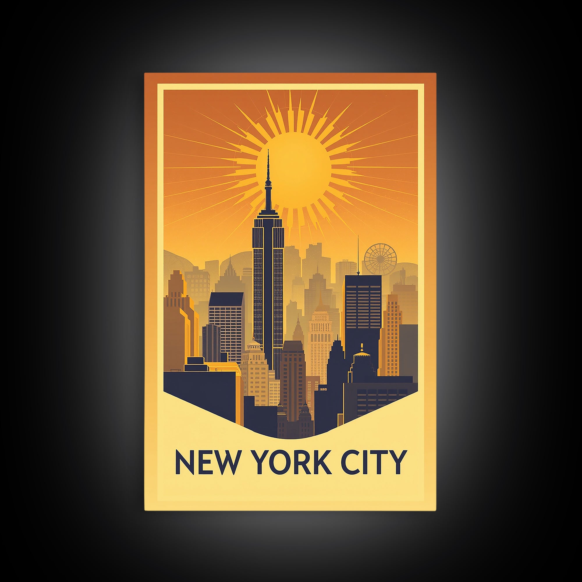 New York Travel Poster, Framed Canvas Print, Warm Sunset Silhouette Art, New York City Art, Travel Poster Set, Mid Century Wall Art