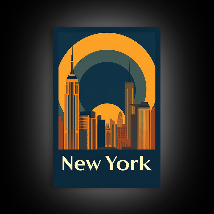 New York Travel Poster, Framed Canvas Print, Warm Sunset Silhouette Art, New York Poster Print, Vintage City Poster, City Travel Prints
