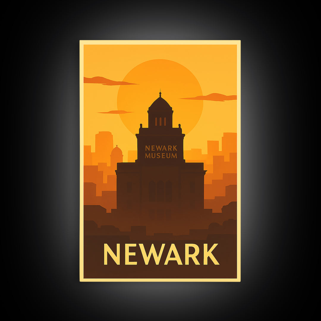 Newark Travel Poster, Framed Canvas Print, Warm Sunset Silhouette Art, Newark City Art, Home Office Decor, Gift For Travelers, Design 2