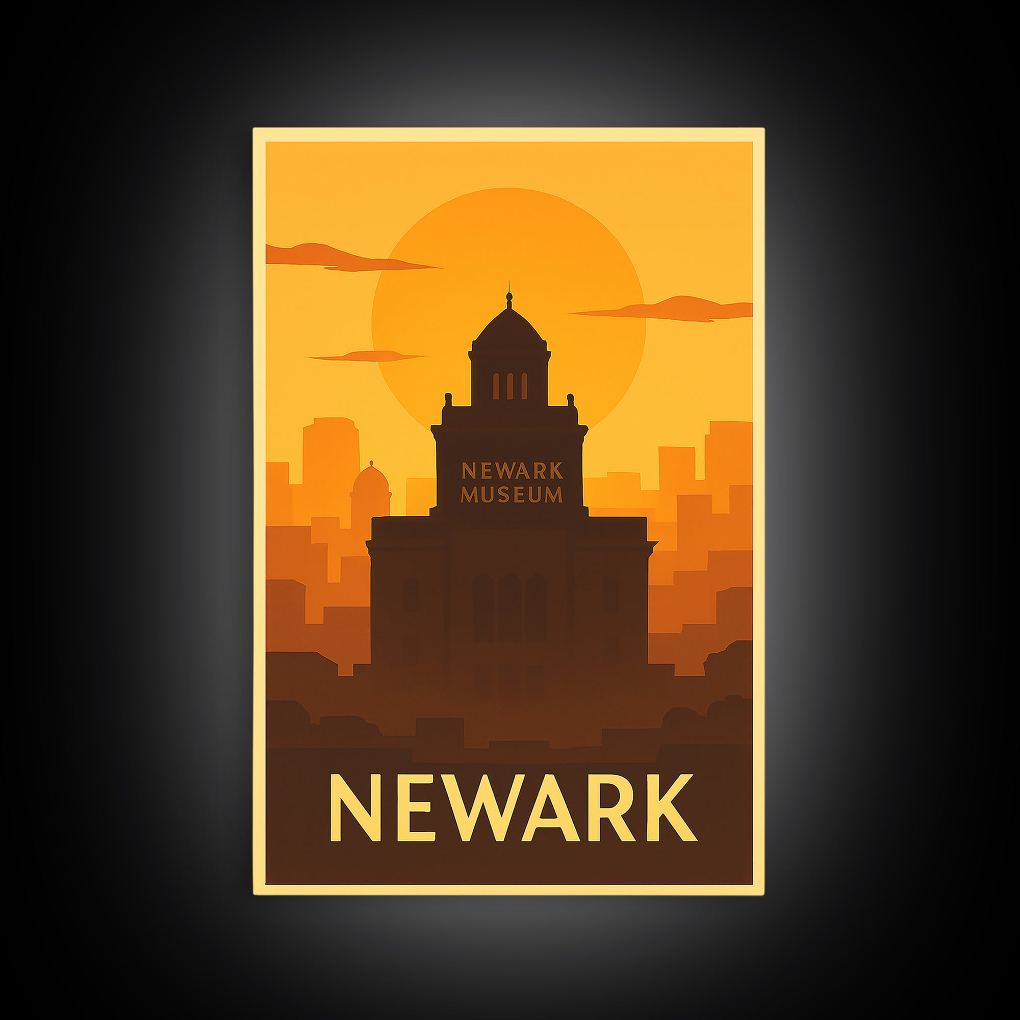 Newark Travel Poster, Framed Canvas Print, Warm Sunset Silhouette Art, Newark City Art, Home Office Decor, Gift For Travelers, Design 2