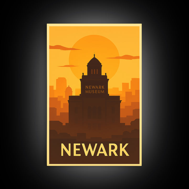 Newark Travel Poster, Framed Canvas Print, Warm Sunset Silhouette Art, Newark City Art, Home Office Decor, Gift For Travelers, Design 2