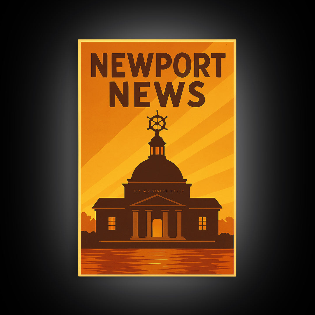 Newport News Virginia Travel Poster, Canvas Print, Warm Sunset Silhouette Art, Newport News Art Print, Vintage City Art, Retro Travel Print