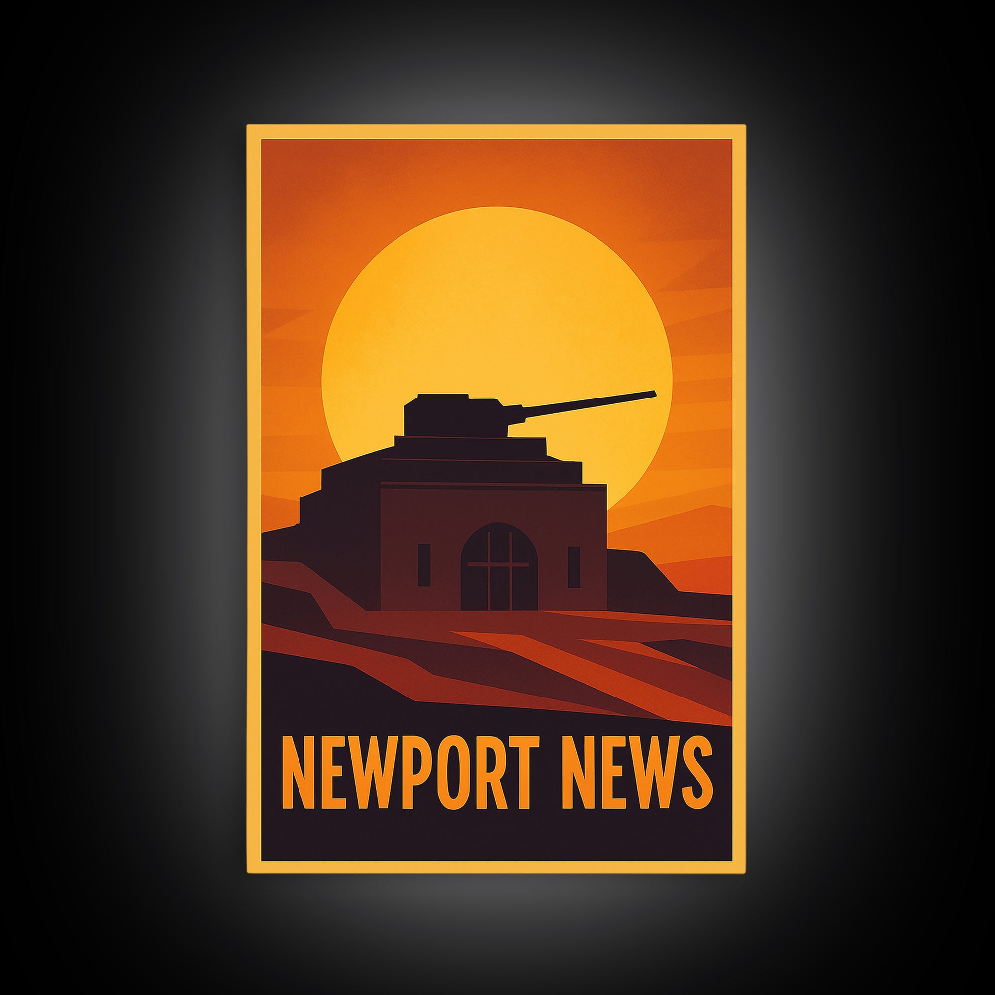Newport News Travel Poster, Framed Canvas Print, Warm Sunset Silhouette Art, Newport News City Art, Travel Wall Decor, City Illustration