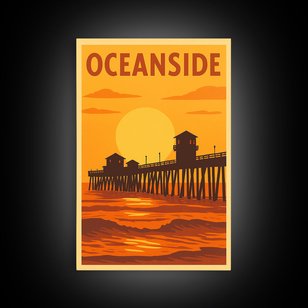 Oceanside California Travel Poster, Canvas Print, Warm Sunset Silhouette Art, Oceanside Poster Print, City Art Print, City Travel Prints