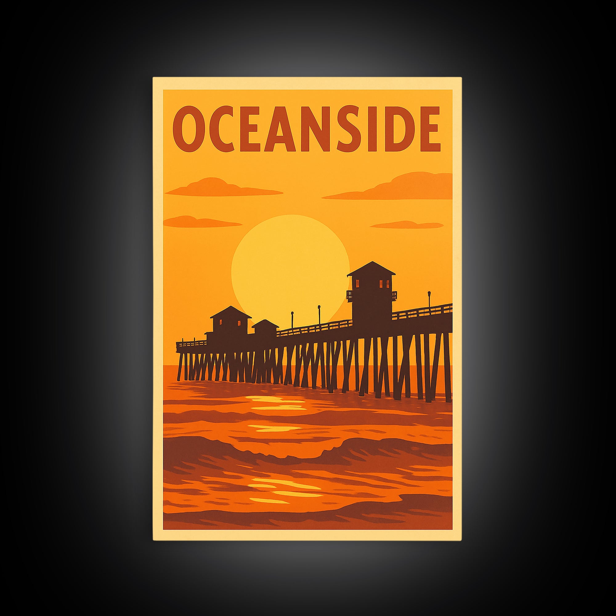 Oceanside California Travel Poster, Canvas Print, Warm Sunset Silhouette Art, Oceanside Poster Print, City Art Print, City Travel Prints