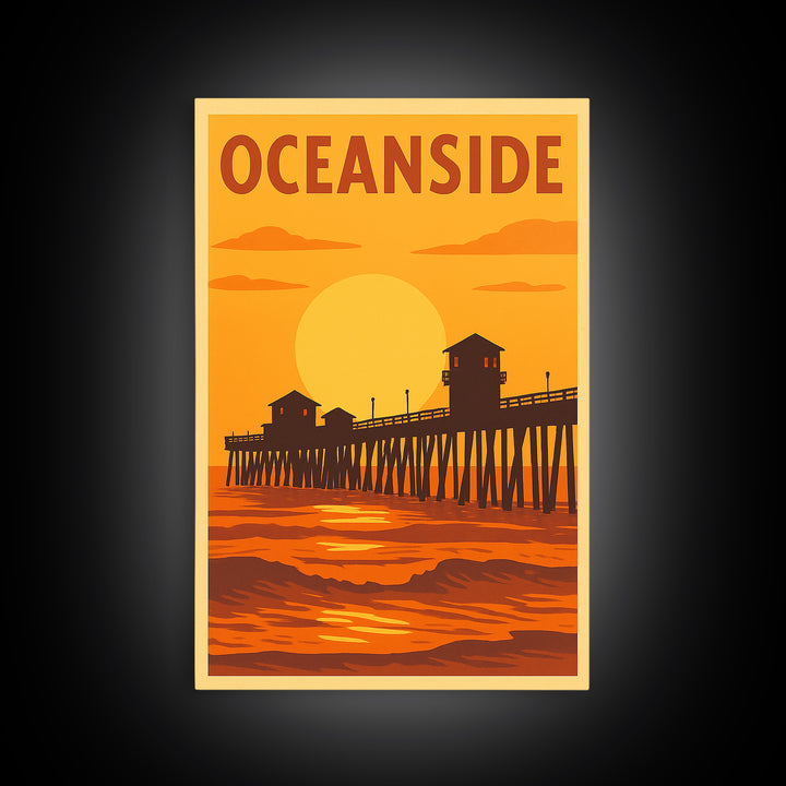 Oceanside California Travel Poster, Canvas Print, Warm Sunset Silhouette Art, Oceanside Poster Print, City Art Print, City Travel Prints