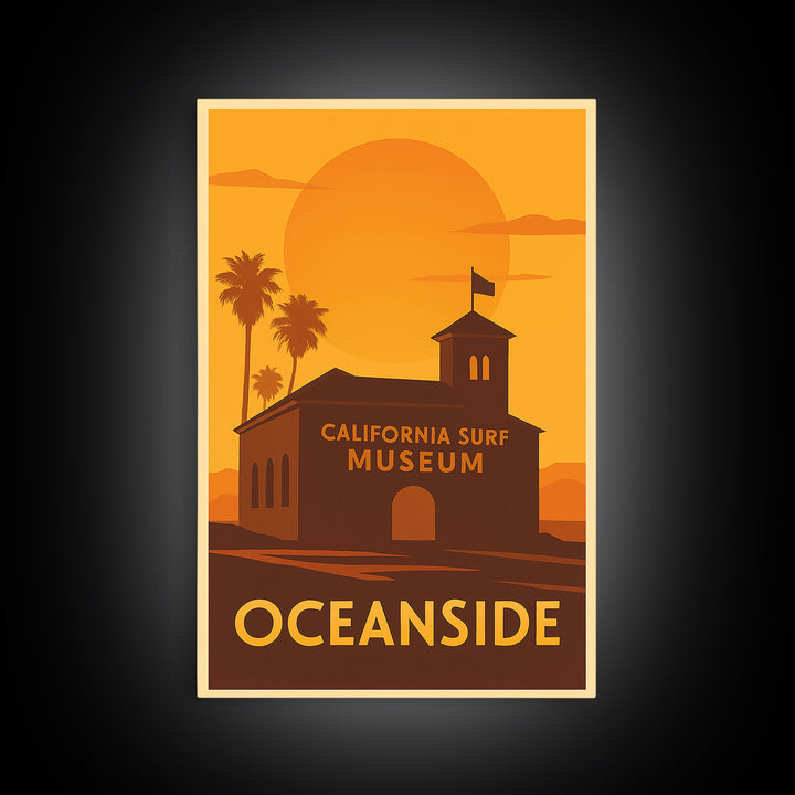 Oceanside Travel Poster, Framed Canvas Print, Warm Sunset Silhouette Art, Oceanside Travel Art, Vintage City Poster, Travel Poster Art