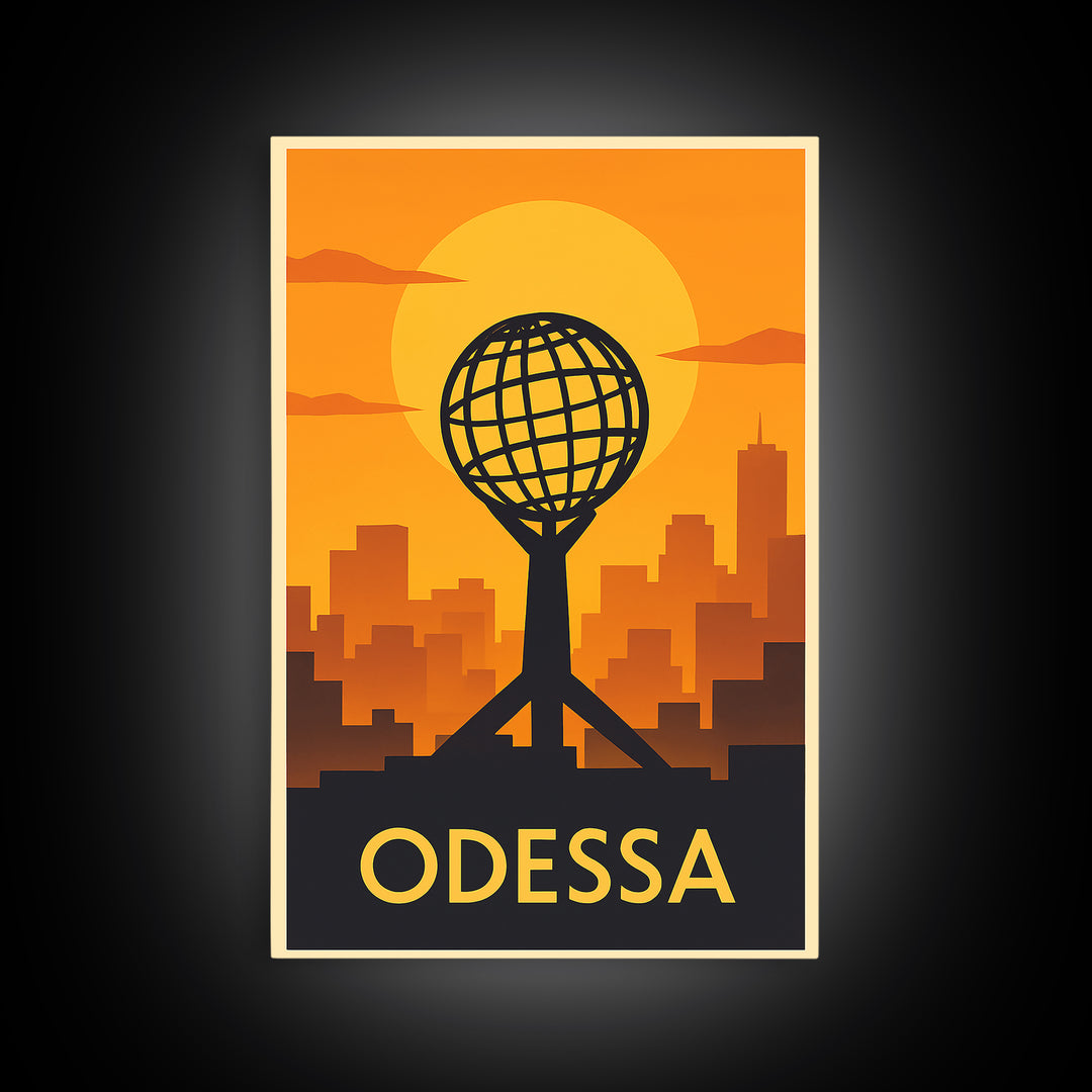 Odessa Travel Poster, Framed Canvas Print, Warm Sunset Silhouette Art, Odessa Poster Print, City Travel Prints, Retro Travel Print