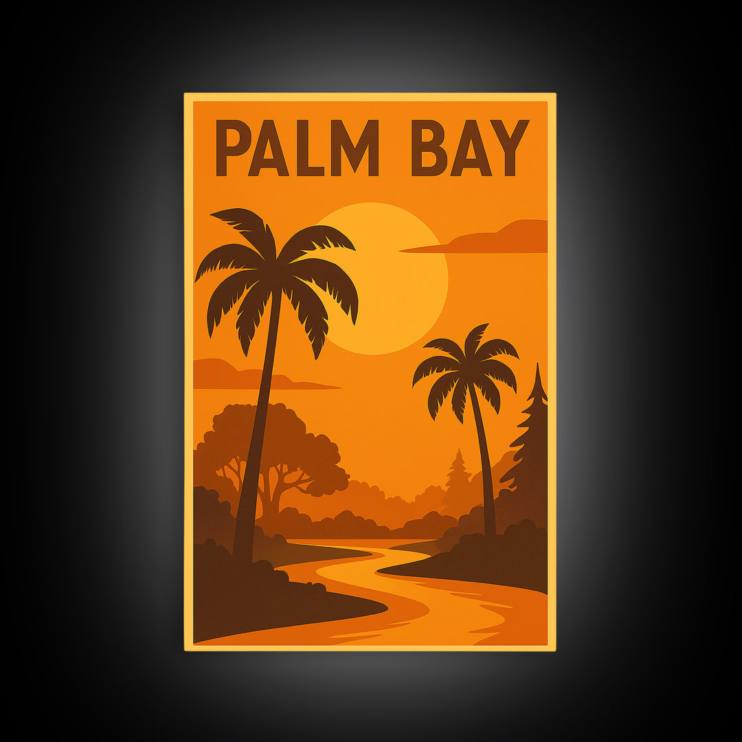Palm Bay Florida Travel Poster, Framed Canvas Print, Golden Travel Poster Art, Palm Bay Art Print, Vintage City Art, Travel Poster Art