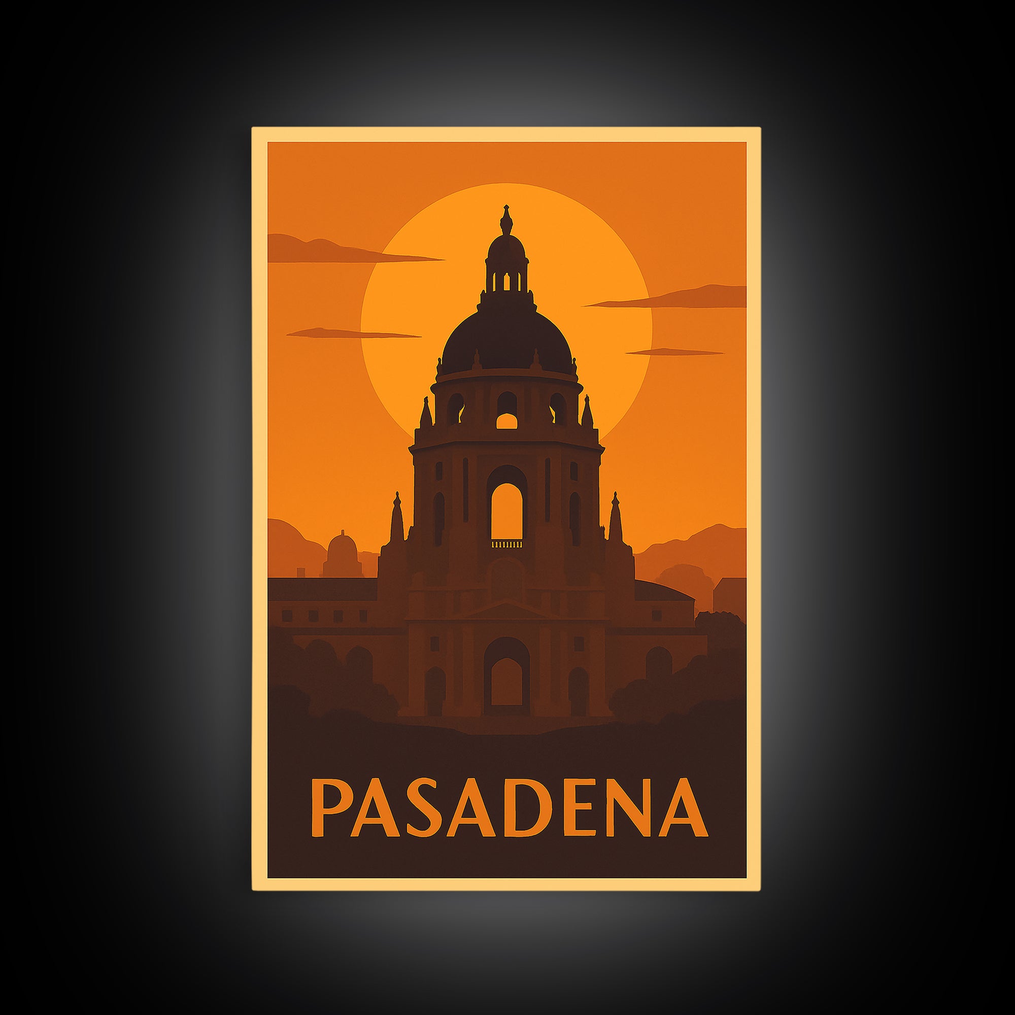 Pasadena Travel Poster, Framed Canvas Print, Golden Travel Poster Art, Pasadena Art Print, City Travel Prints, Retro Travel Print