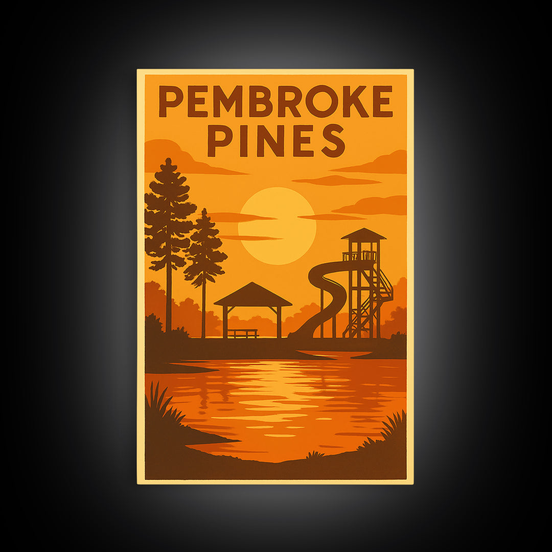 Pembroke Pines Florida Travel Poster, Canvas Print, Warm Sunset Silhouette Art, Pembroke Pines Wall Art, Retro Travel Print, City Poster