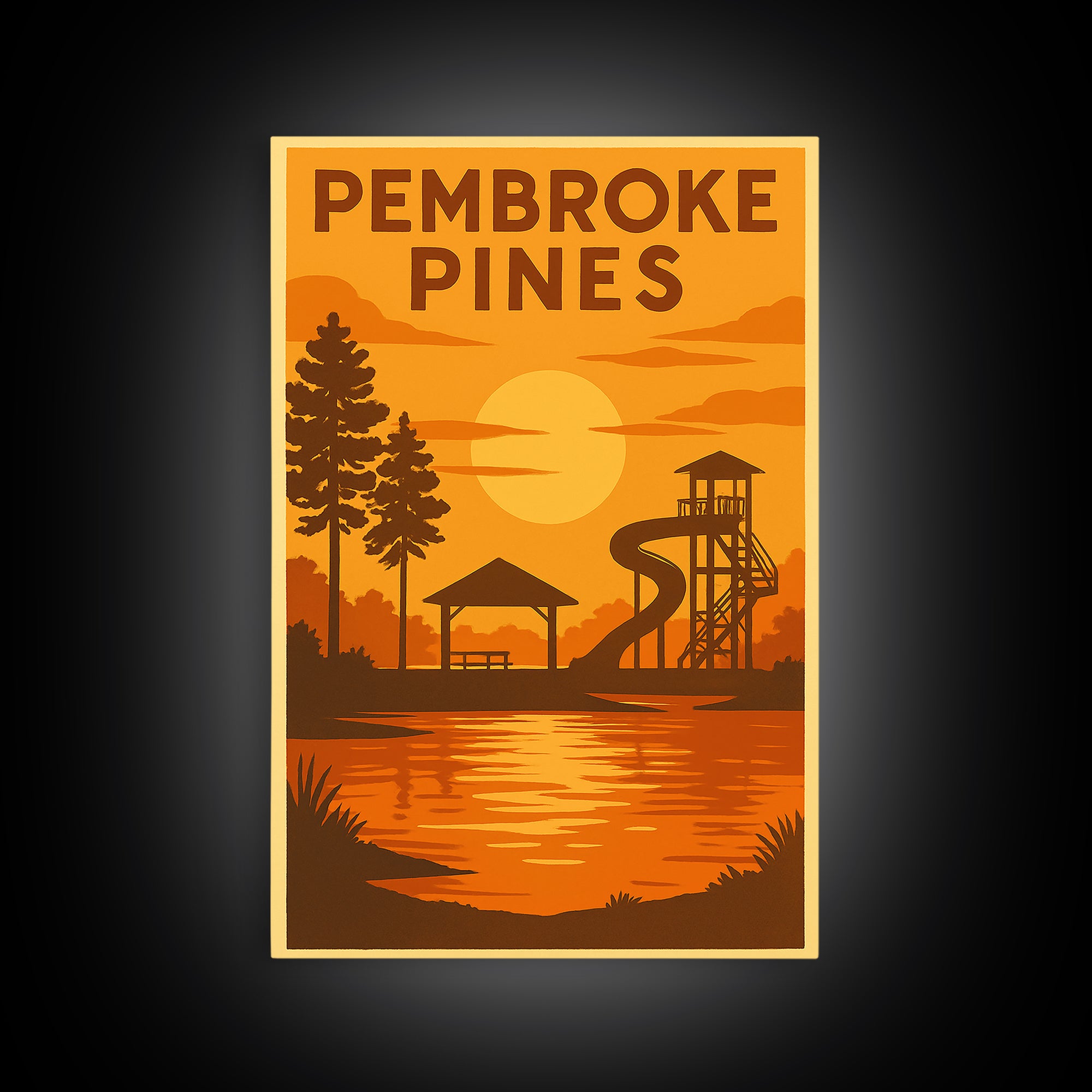Pembroke Pines Florida Travel Poster, Canvas Print, Warm Sunset Silhouette Art, Pembroke Pines Wall Art, Retro Travel Print, City Poster