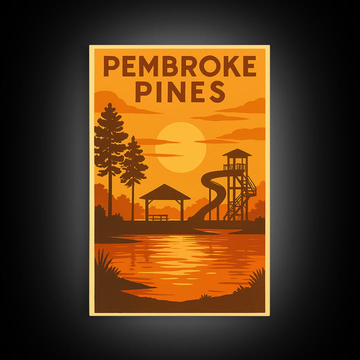 Pembroke Pines Florida Travel Poster, Canvas Print, Warm Sunset Silhouette Art, Pembroke Pines Wall Art, Retro Travel Print, City Poster