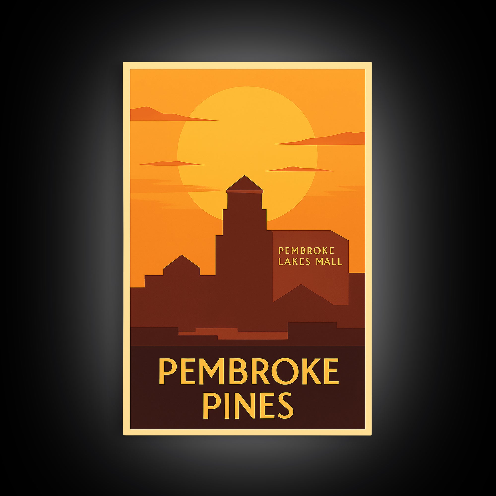 Pembroke Pines Travel Poster, Framed Canvas Print, Warm Sunset Silhouette Art, Pembroke Pines City Art, City Art Print, City Illustration