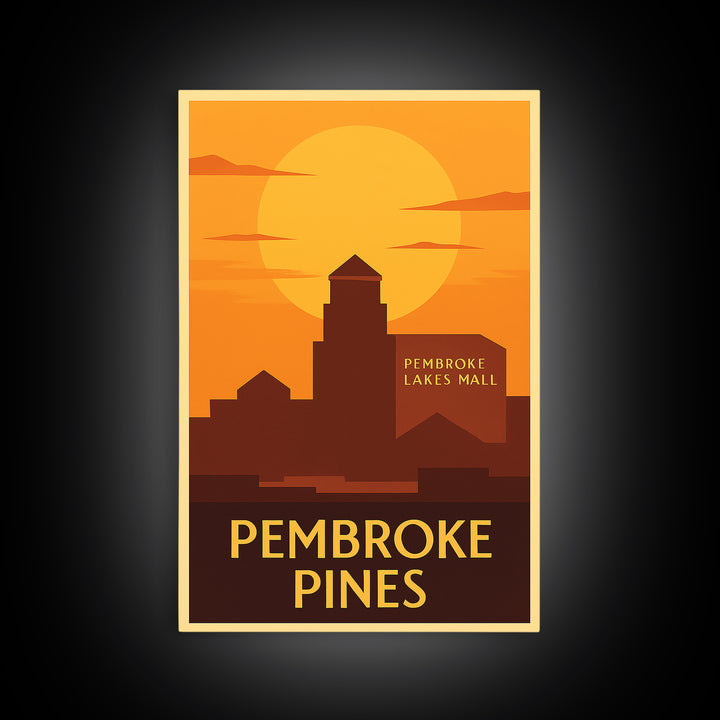 Pembroke Pines Travel Poster, Framed Canvas Print, Warm Sunset Silhouette Art, Pembroke Pines City Art, City Art Print, City Illustration