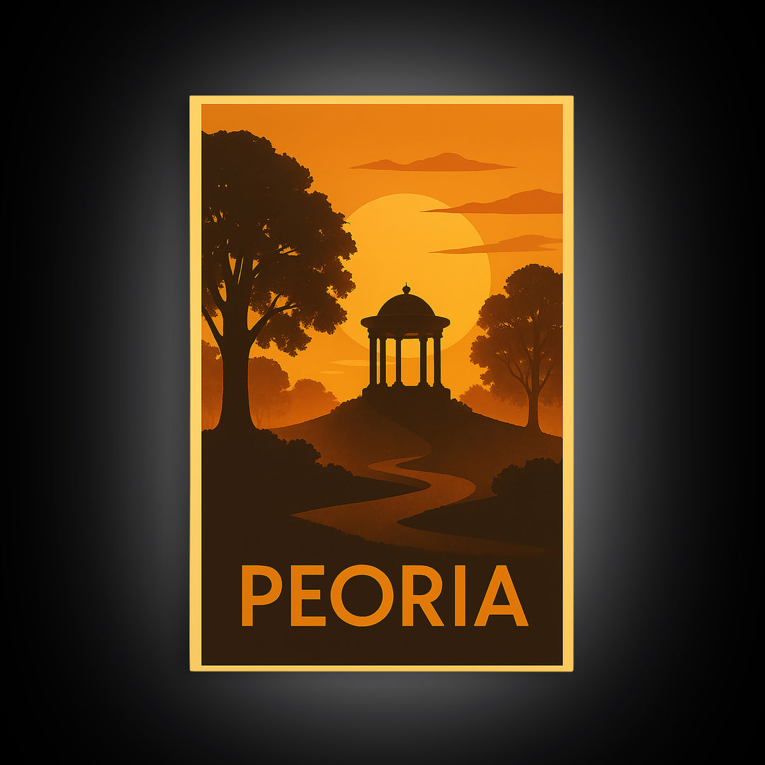 Peoria Travel Poster, Framed Canvas Print, Gold Art Deco Poster Art, Peoria Travel Art, Home Office Decor, Travel Wall Art, City Art Print
