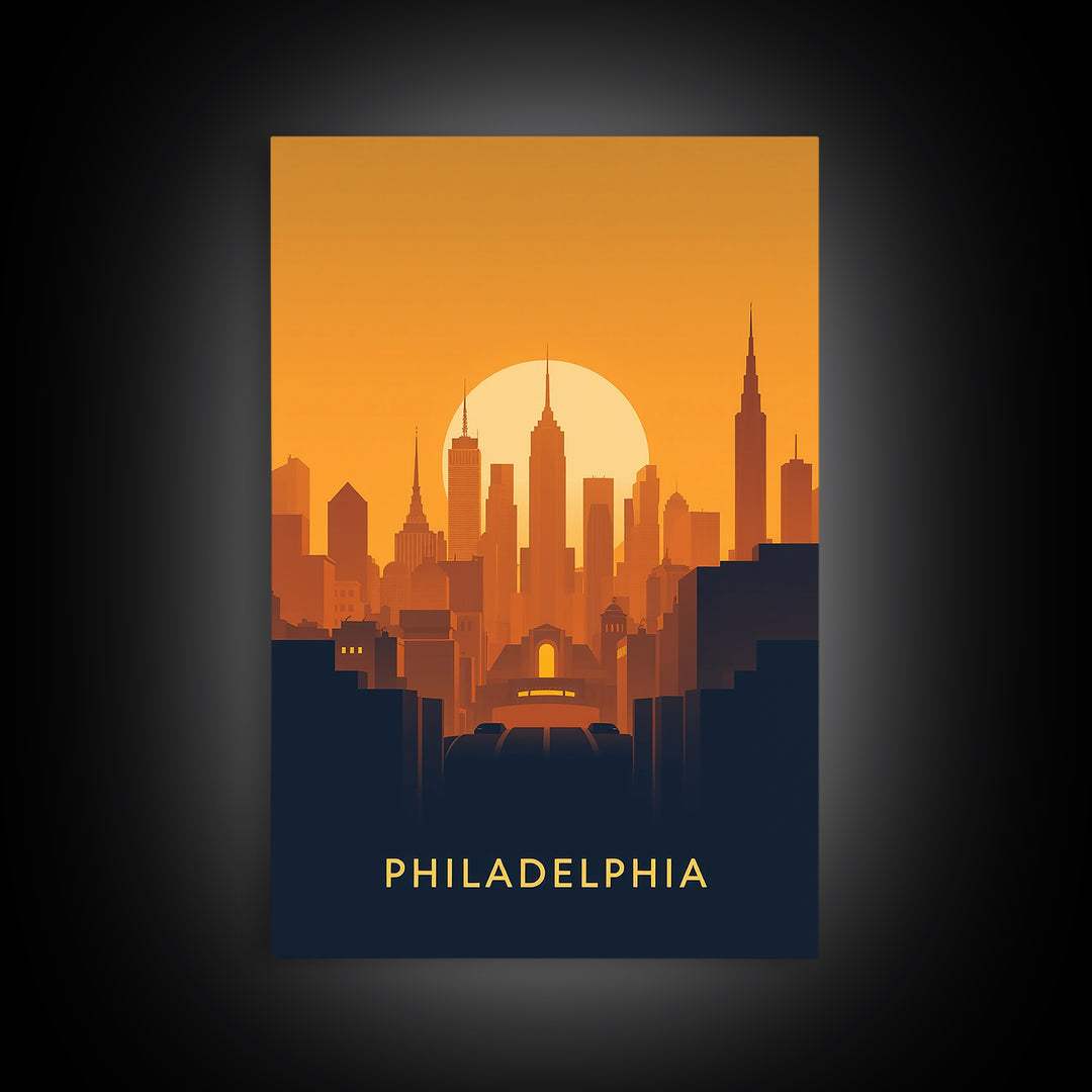 Philadelphia Travel Poster, Framed Canvas Print, Warm Sunset Silhouette Art, Philadelphia Travel Art, Modern Wall Decor, Travel Wall Art