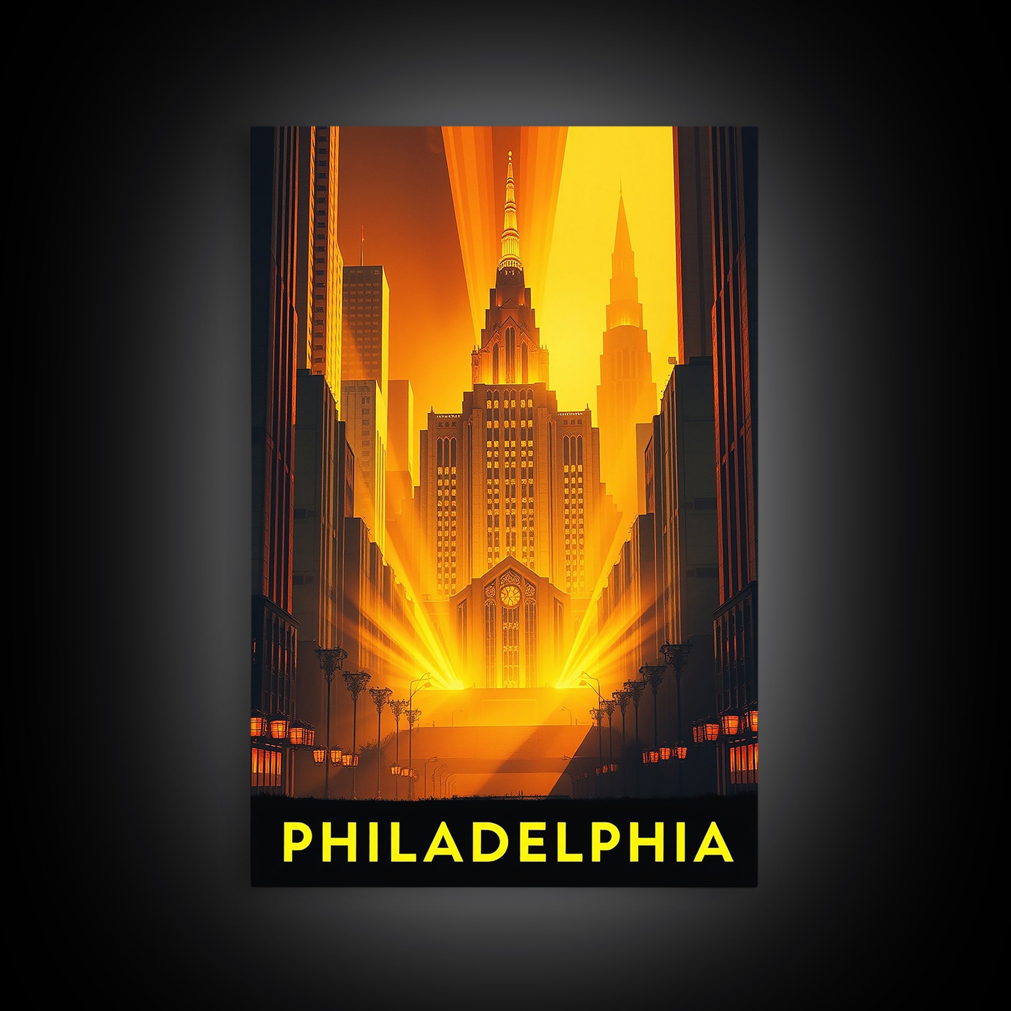 Philadelphia Travel Poster, Framed Canvas Print, Gold Art Deco Poster Art, Philadelphia City Art, Travel Art Print, Vintage City Poster