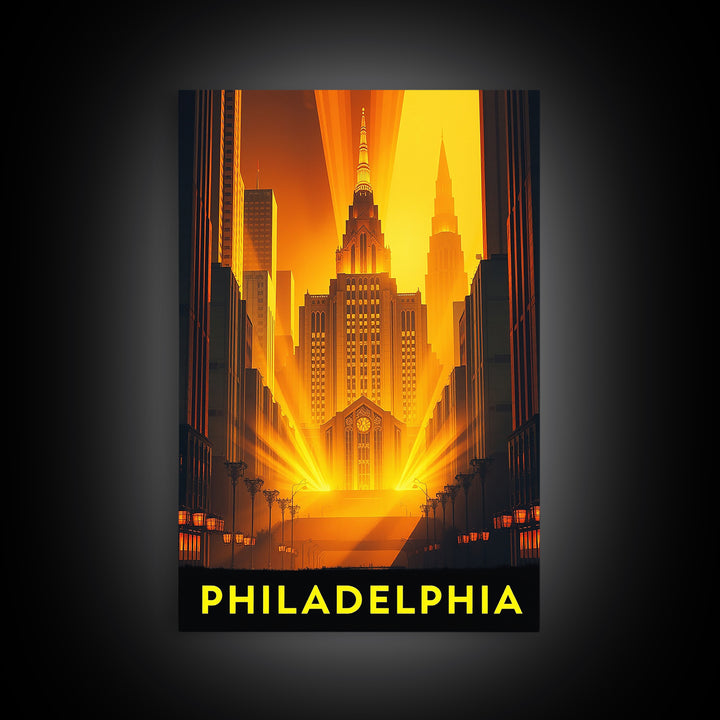 Philadelphia Travel Poster, Framed Canvas Print, Gold Art Deco Poster Art, Philadelphia City Art, Travel Art Print, Vintage City Poster