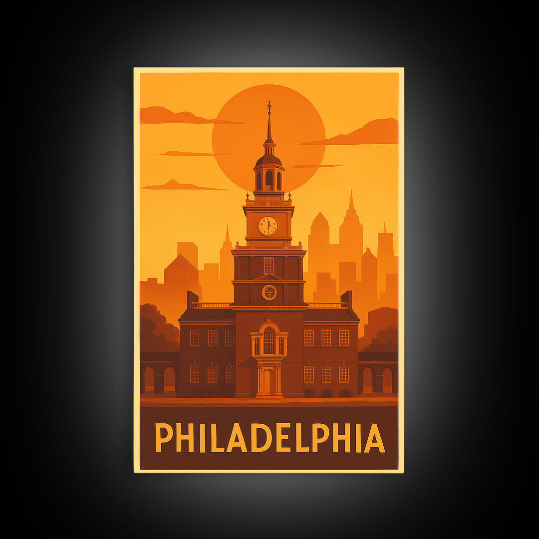 Philadelphia Travel Poster, Canvas Print, Warm Sunset Silhouette Art, Philadelphia Travel Art, Travel Art Print, Living Room Wall Art