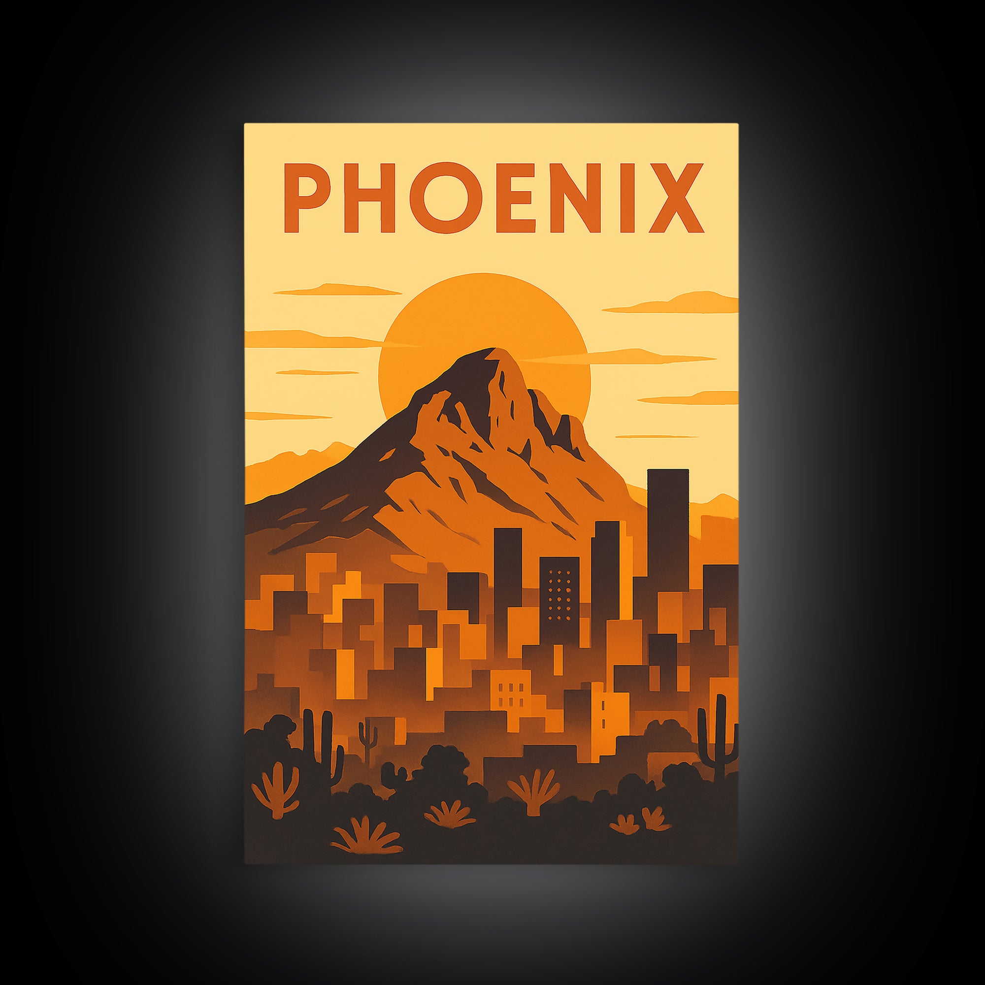 Phoenix Arizona Travel Poster, Framed Canvas Print, Gold Art Deco Poster Art, Phoenix Poster Print, City Travel Prints, Watercolor Skyline