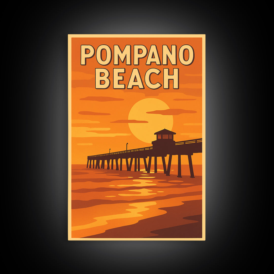 Pompano Beach Florida Travel Poster, Canvas Print, Golden Travel Poster Art, Pompano Beach Wall Art, Travel Poster Set, Vintage City Art