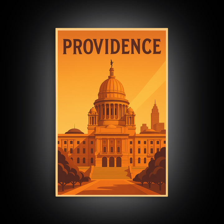 Providence Rhode Island Travel Poster, Canvas Print, Warm Sunset Silhouette Art, Providence Print, Gift For Travelers, Travel Wall Art