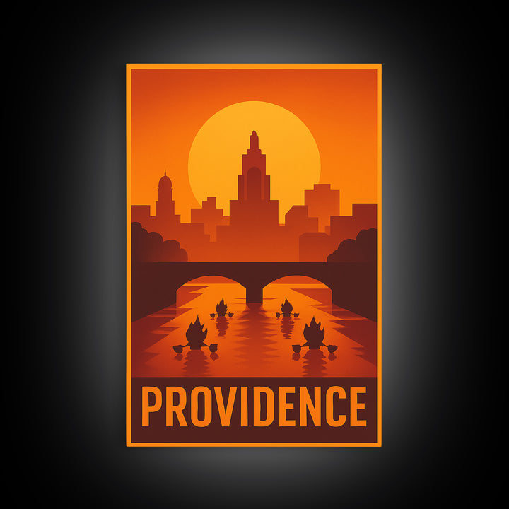 Providence Travel Poster, Framed Canvas Print, Warm Sunset Silhouette Art, Providence City Art, City Art Print, Mid Century Wall Art