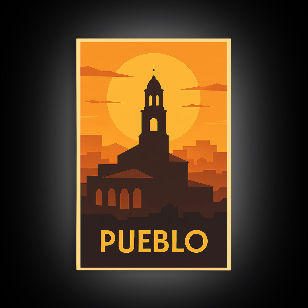 Pueblo Travel Poster, Framed Canvas Print, Gold Art Deco Poster Art, Pueblo City Art, Travel Wall Decor, Home Office Decor, Travel Print