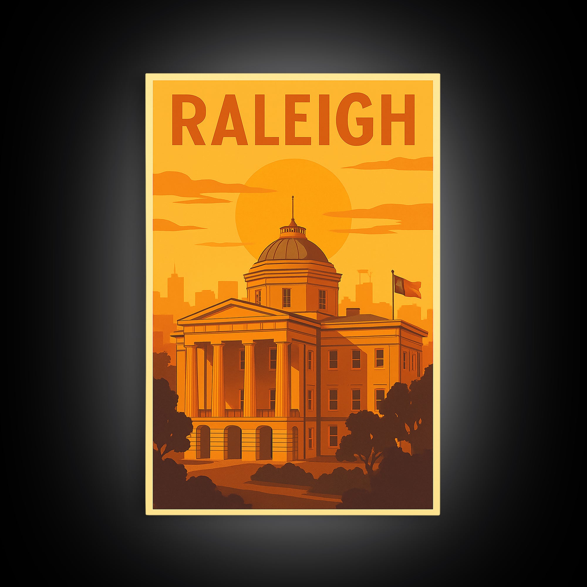 Raleigh North Carolina Travel Poster, Canvas Print, Warm Sunset Silhouette Art, Raleigh City Art, Gift For Travelers, Vintage Travel Art