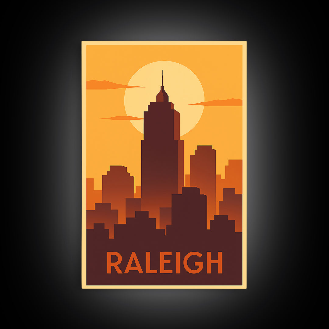 Raleigh Travel Poster, Framed Canvas Print, Golden Travel Poster Art, Raleigh Travel Art, Living Room Wall Art, City Travel Prints