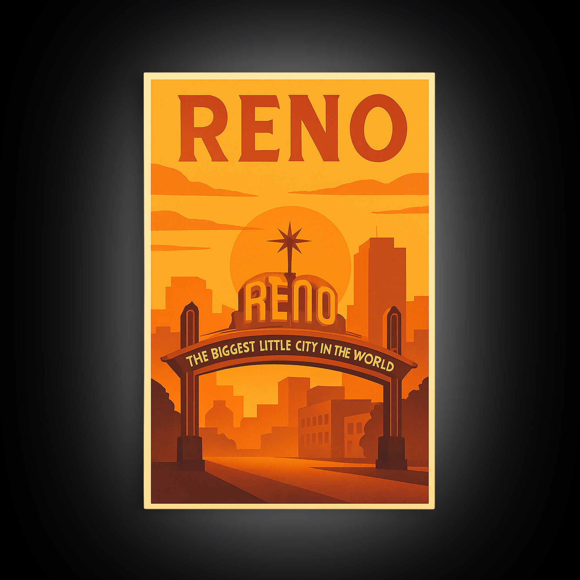 Reno Nevada Travel Poster, Canvas Print, Warm Sunset Silhouette Art, Reno Wall Art, City Art Print, Mid Century Wall Art, City Illustration