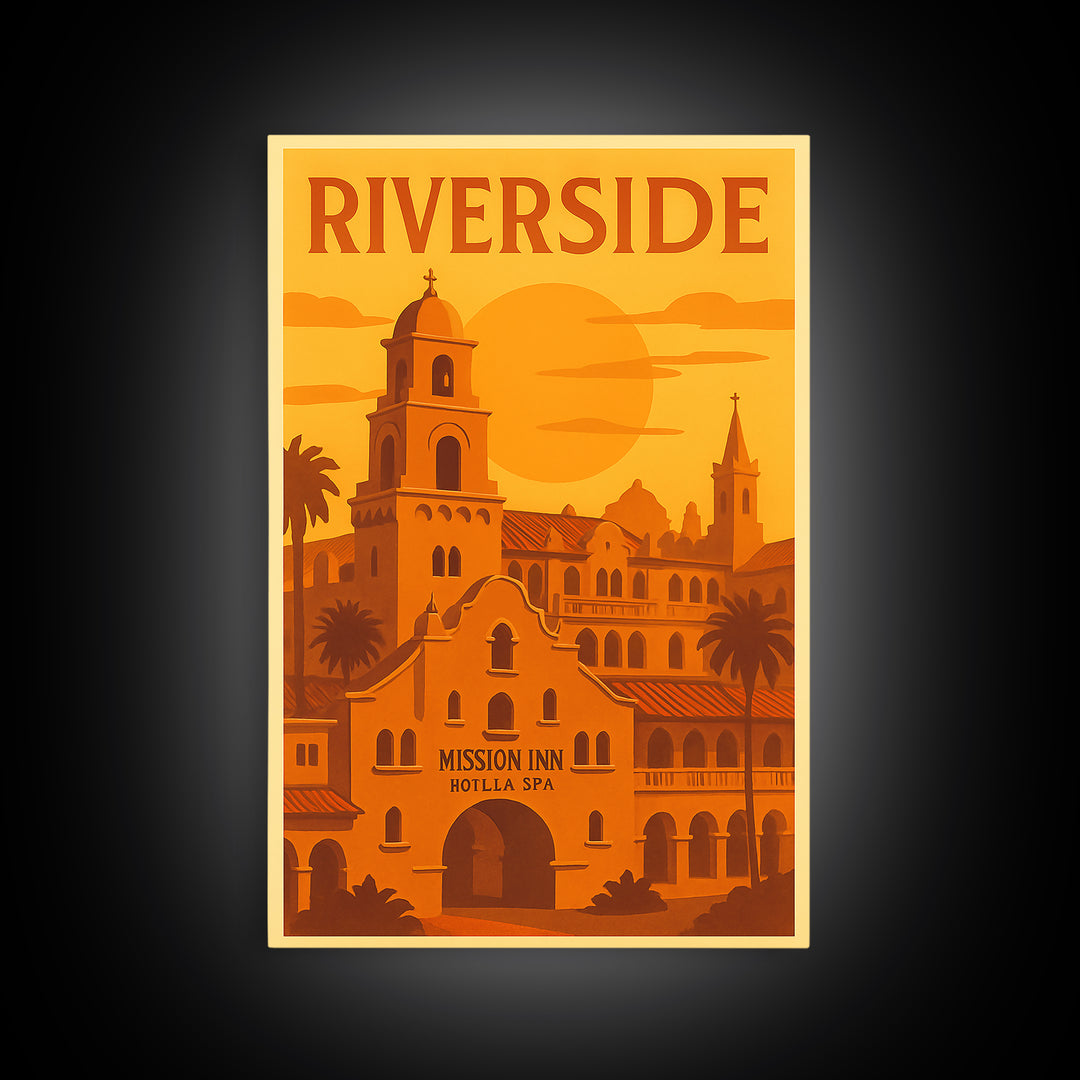 Riverside California Travel Poster, Framed Canvas Print, Golden Travel Poster Art, Riverside City Art, Living Room Wall Art, Travel Wall Art