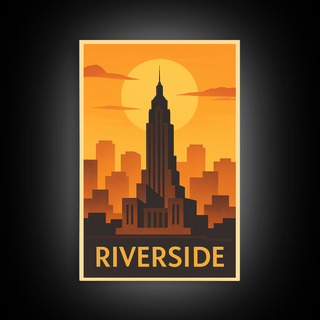 Riverside Travel Poster, Canvas Print, Warm Sunset Silhouette Art, Riverside Art Print, Modern Wall Decor, Travel Art Print, Home Decor