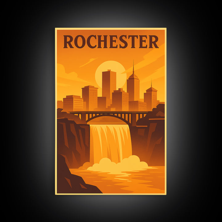 Rochester New York Travel Poster, Canvas Print, Warm Sunset Silhouette Art, Rochester Wall Art, Poster Art, City Illustration, Retro Poster
