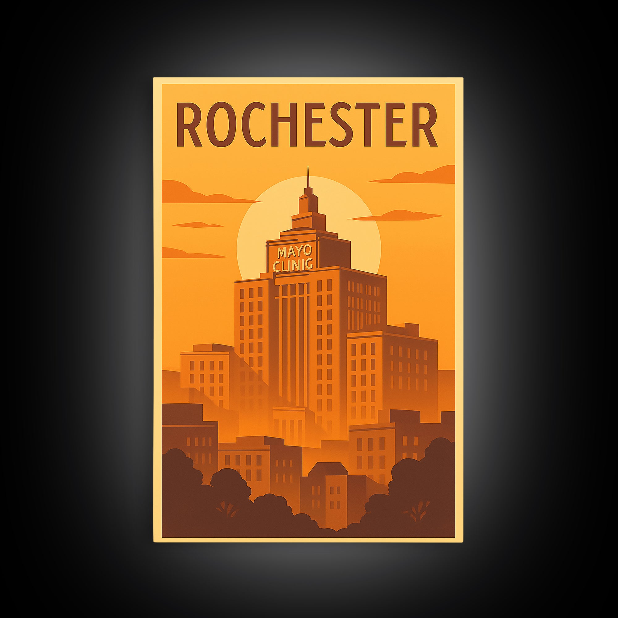 Rochester Travel Poster, Framed Canvas Print, Warm Sunset Silhouette Art, Rochester Art Print, Home Office Decor, Mid Century Wall Art