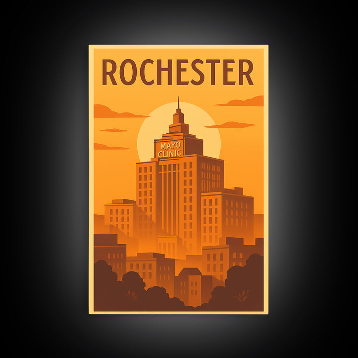 Rochester Travel Poster, Framed Canvas Print, Warm Sunset Silhouette Art, Rochester Art Print, Home Office Decor, Mid Century Wall Art