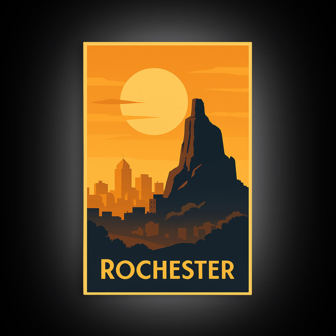 Rochester Travel Poster, Framed Canvas Print, Warm Sunset Silhouette Art, Rochester Travel Art, Living Room Wall Art, Vintage City Poster