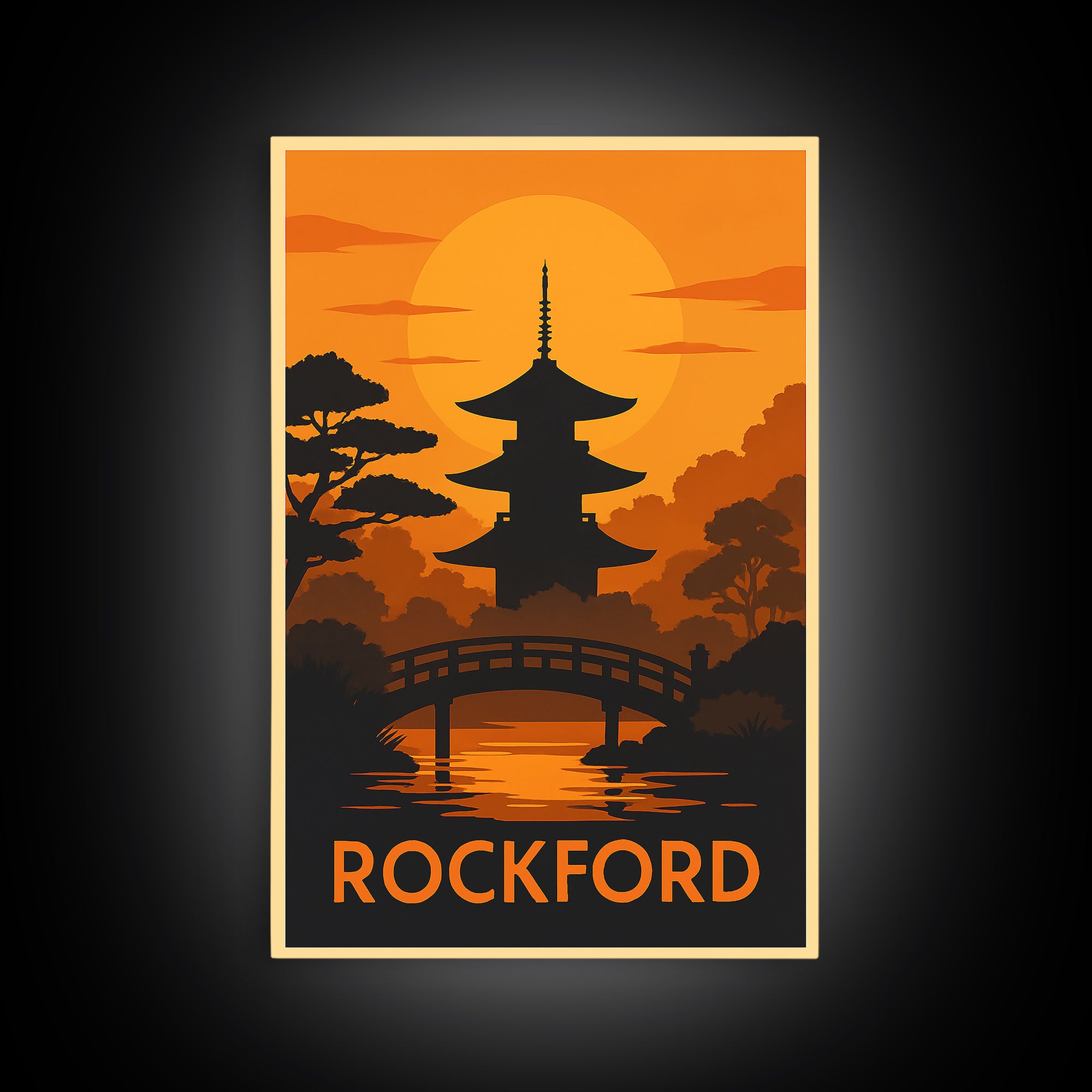 Rockford Travel Poster, Framed Canvas Print, Golden Travel Poster Art, Rockford City Art, Mid Century Wall Art, Travel Poster Set