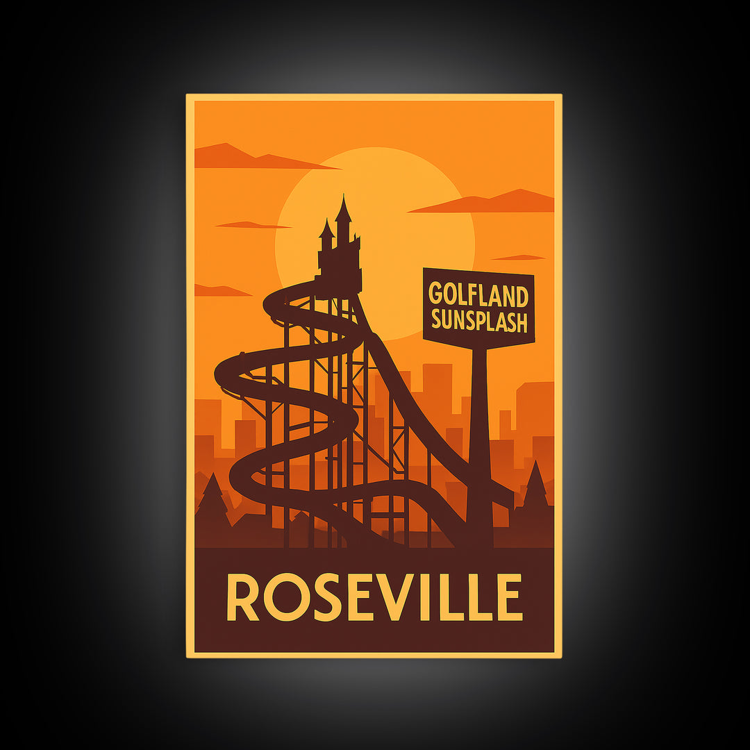 Roseville Travel Poster, Framed Canvas Print, Gold Art Deco Poster Art, Roseville Poster Print, Retro Travel Print, Vintage City Art