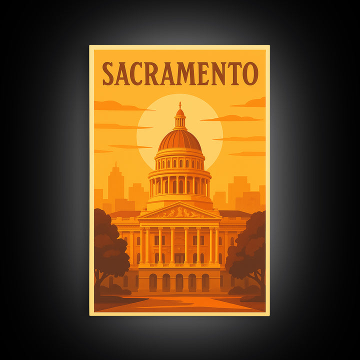 Sacramento California Travel Poster, Canvas Print, Golden Travel Poster Art, Sacramento Travel Art, Wall Art, Watercolor Downtown Skyline