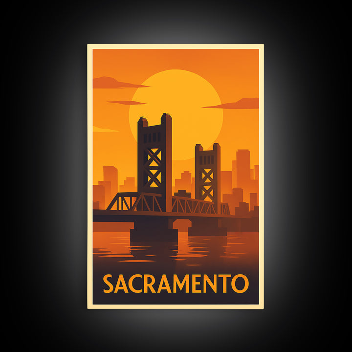 Sacramento Travel Poster, Framed Canvas Print, Warm Sunset Silhouette Art, Sacramento Art Print, City Travel Prints, Fine Art Print